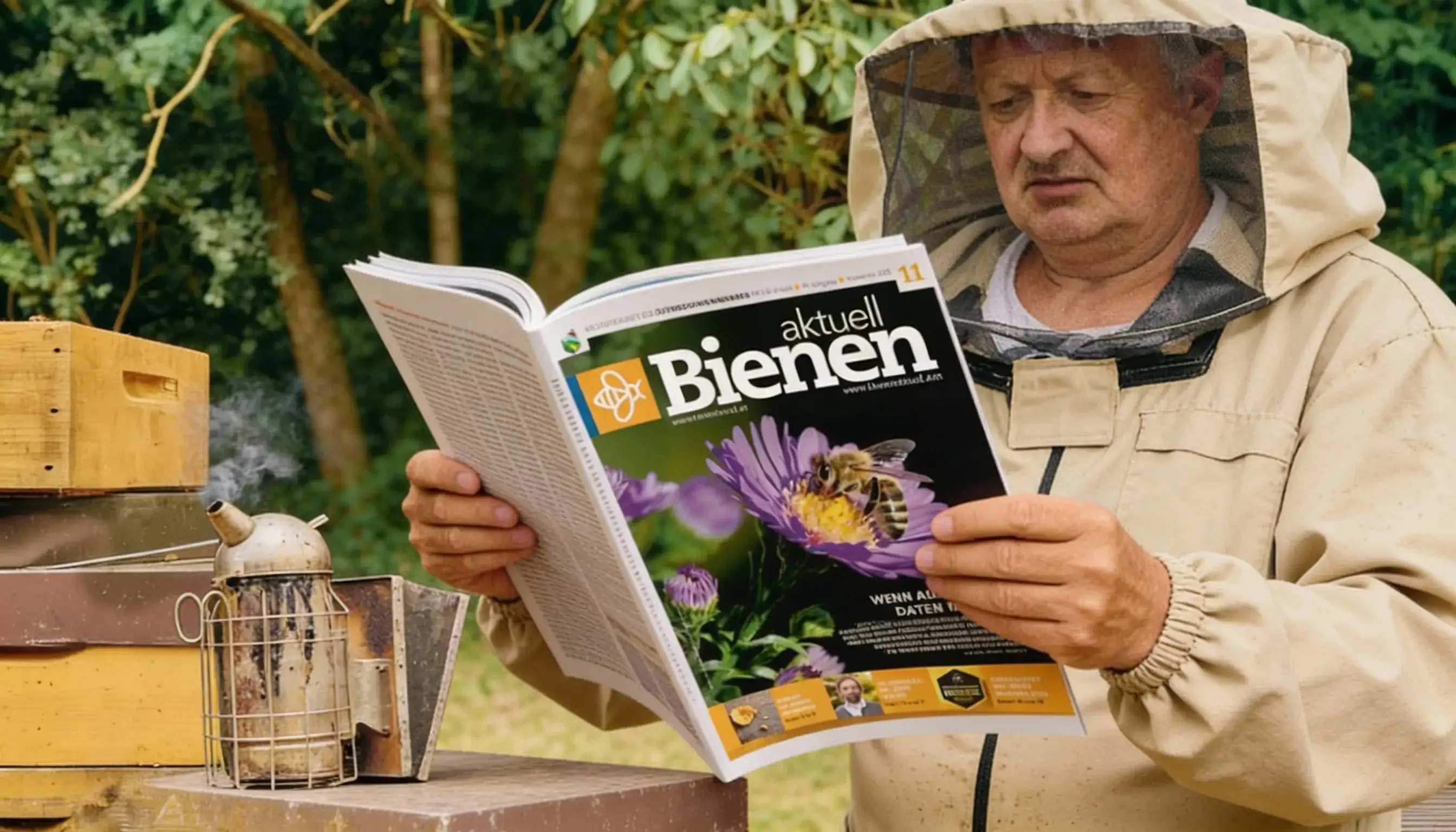 Imker liest Fachzeitschrift "Bienen aktuell"
